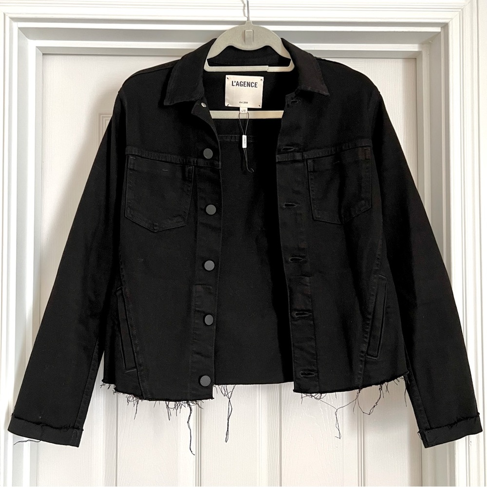 NEW L’Agence Janelle Slim Raw-Edge Denim Jacket in black